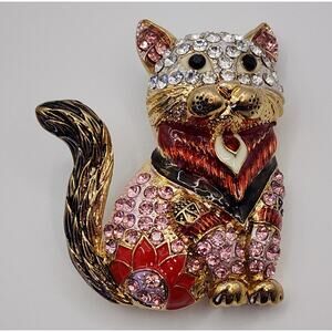 Asian Inspired Cat Brooch Rhinestone & Enamel on Gold Tone Metal Pinks Reds
